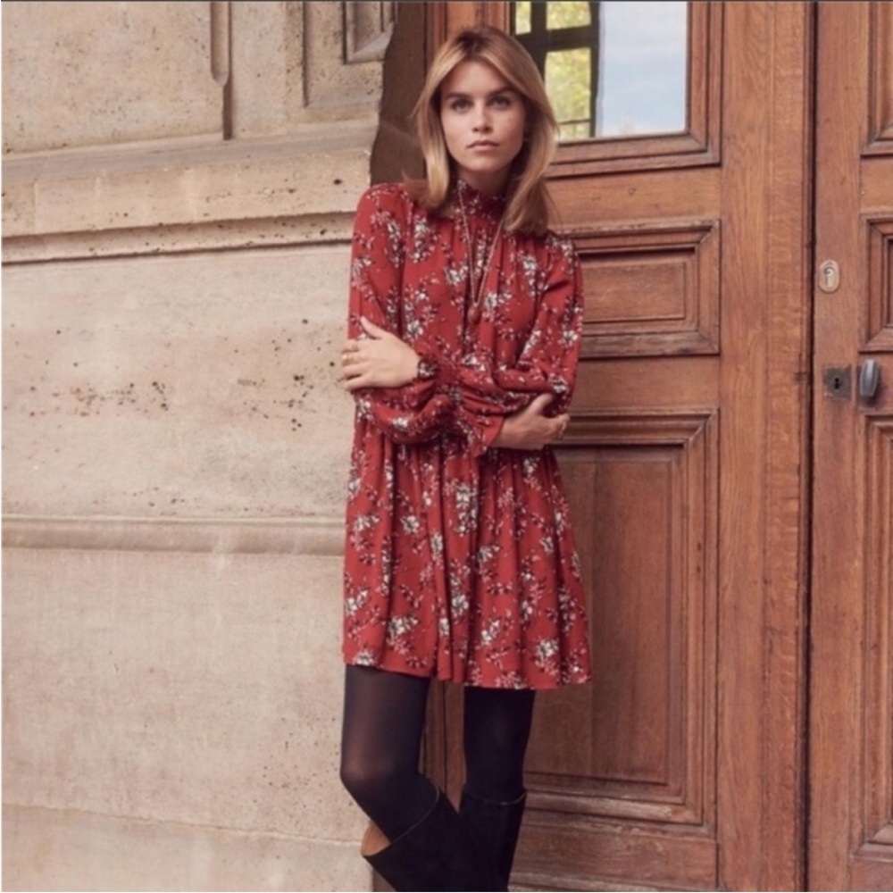 Sézane Red Floral Long-Sleeve Pleated Mini Dress